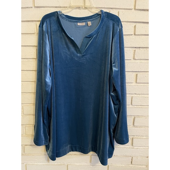 LOGO by Lori Goldstein Knit Velvet Split Neck Pullover Top Blue Coral Womens‎ 4X - Picture 1 of 6